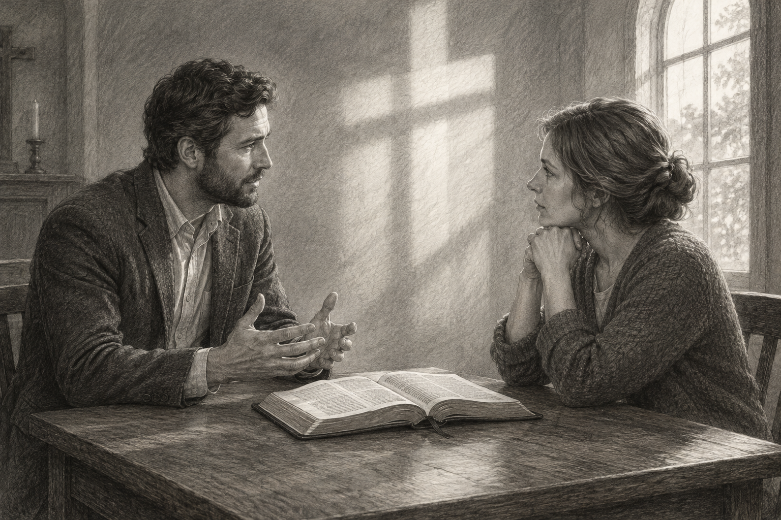 Two people in a respectful public disagreement with an open Bible between them