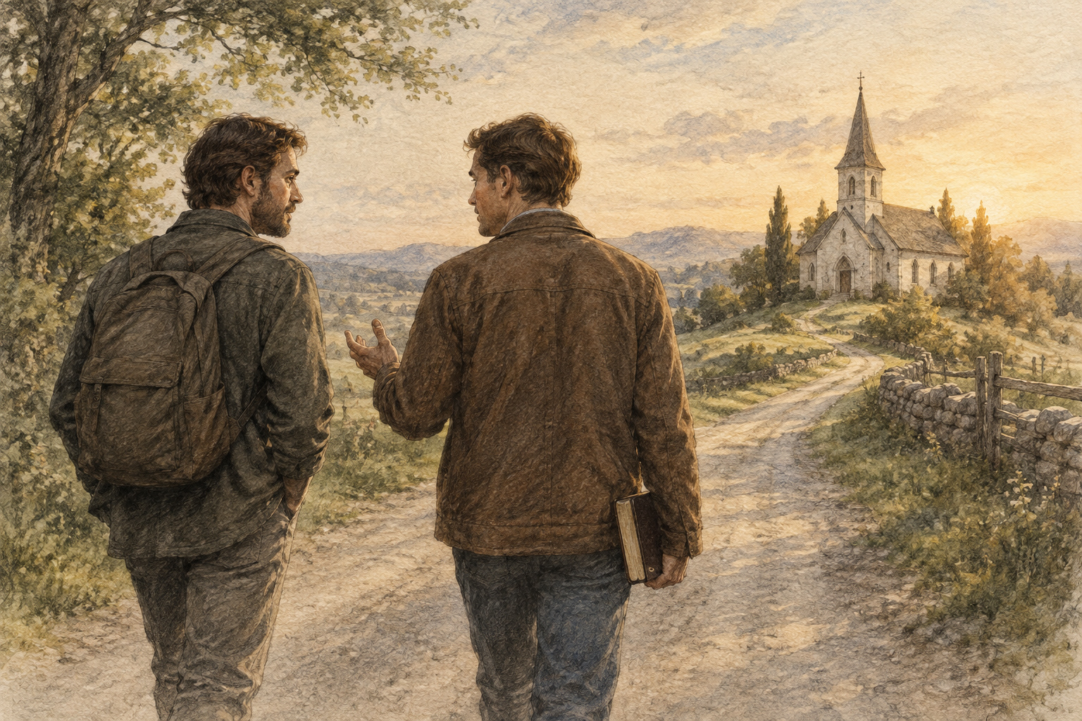 Two friends walking together toward a distant church in a reverent sketch-style scene.
