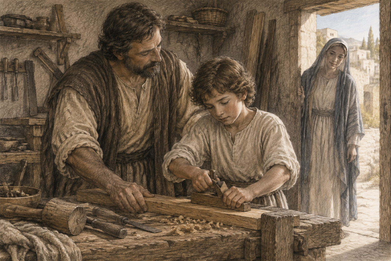 St. Joseph guiding the young Jesus in a quiet Nazareth workshop as Mary stands nearby