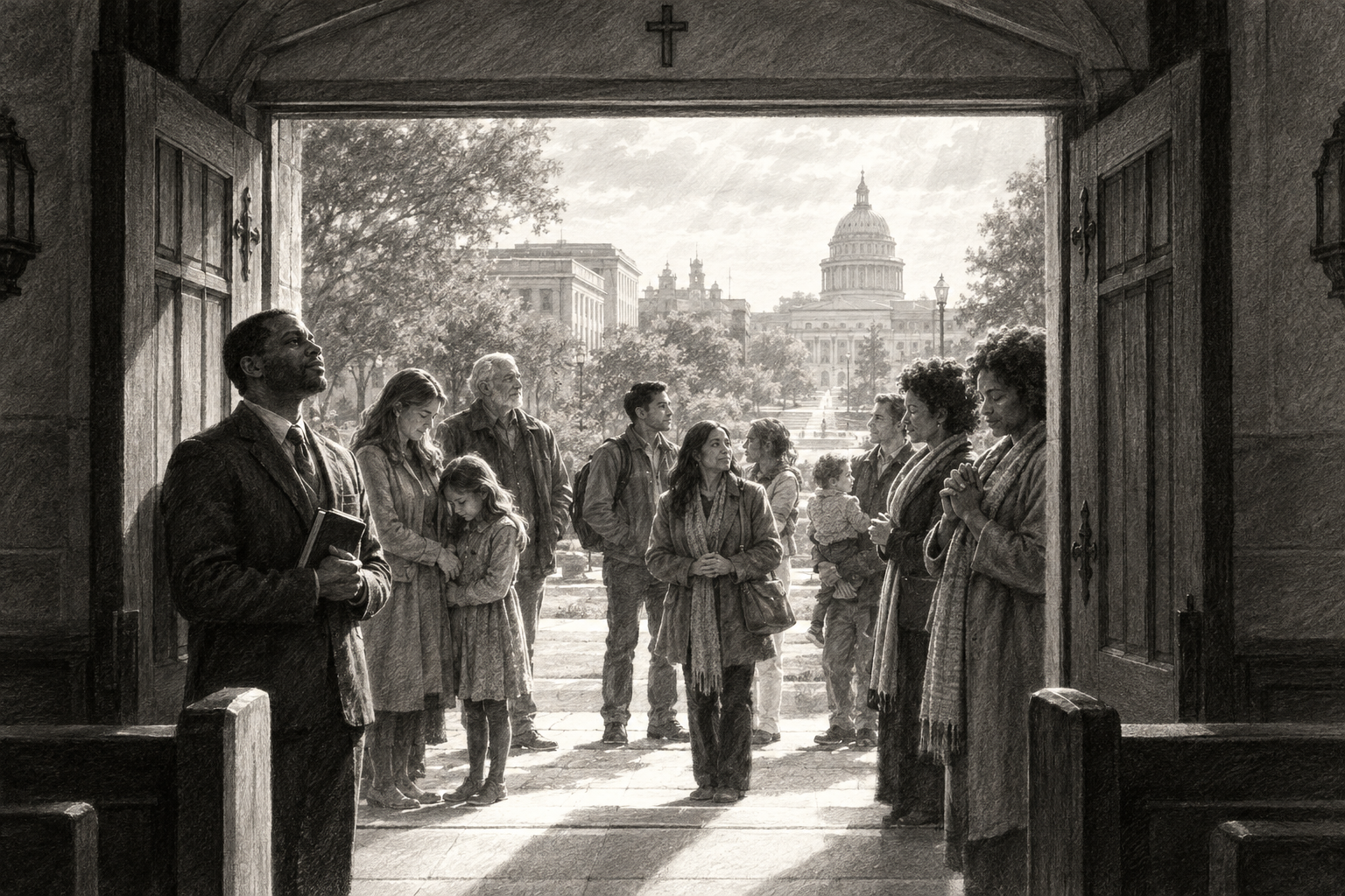 Sketch of people gathered peacefully near a light-filled church doorway, symbolizing religious freedom and human dignity.