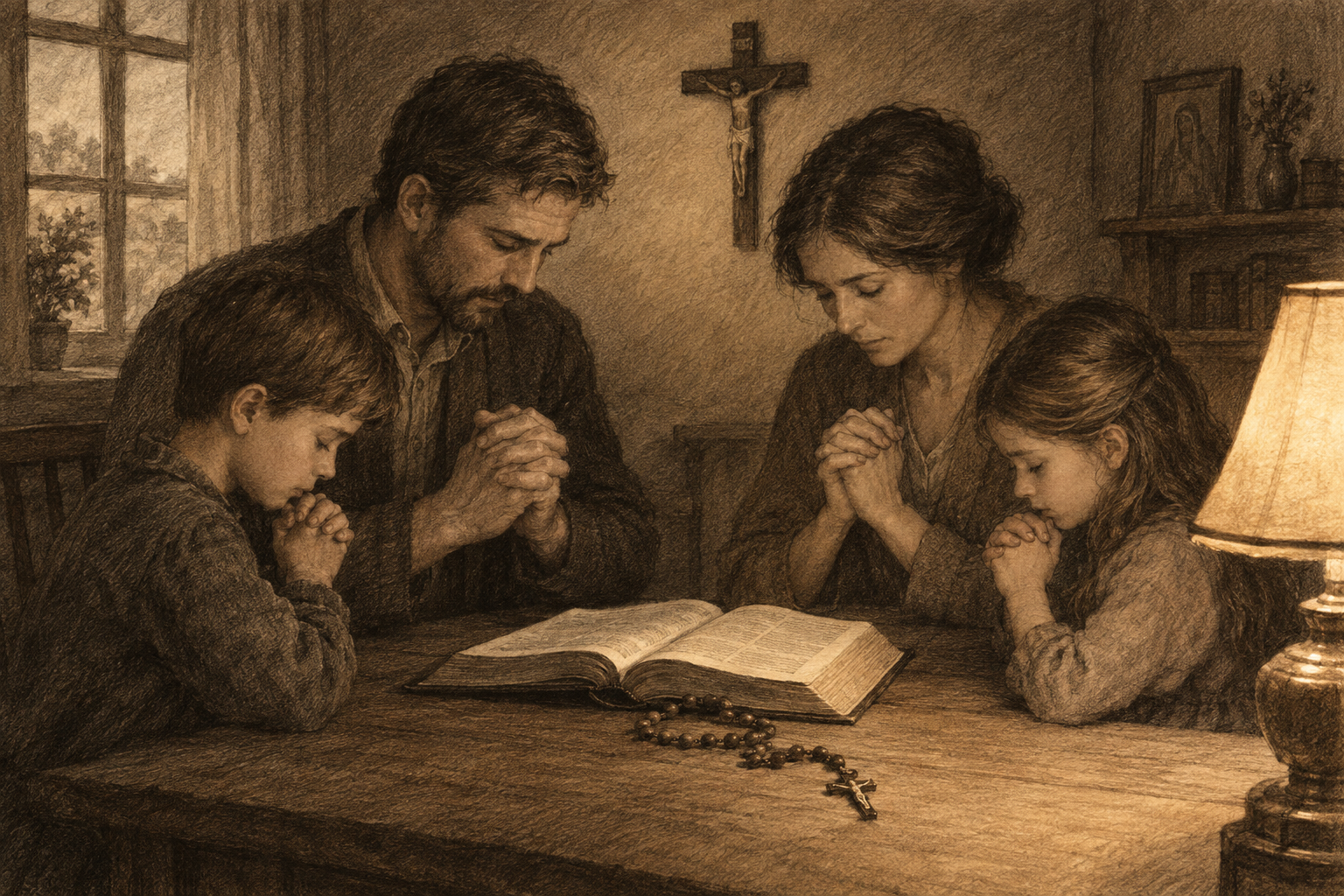 Catholic parents praying with their children beside an open Bible and rosary in a softly lit home.