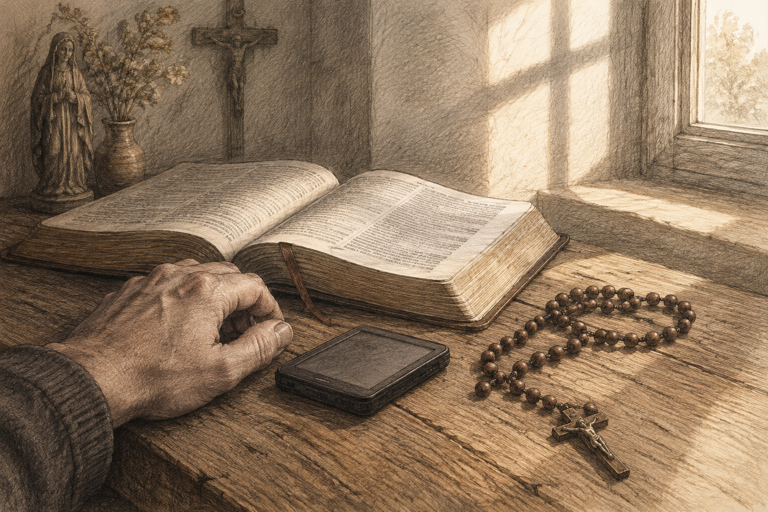 A hand beside a digital device, an open Bible, and a rosary in quiet window light.