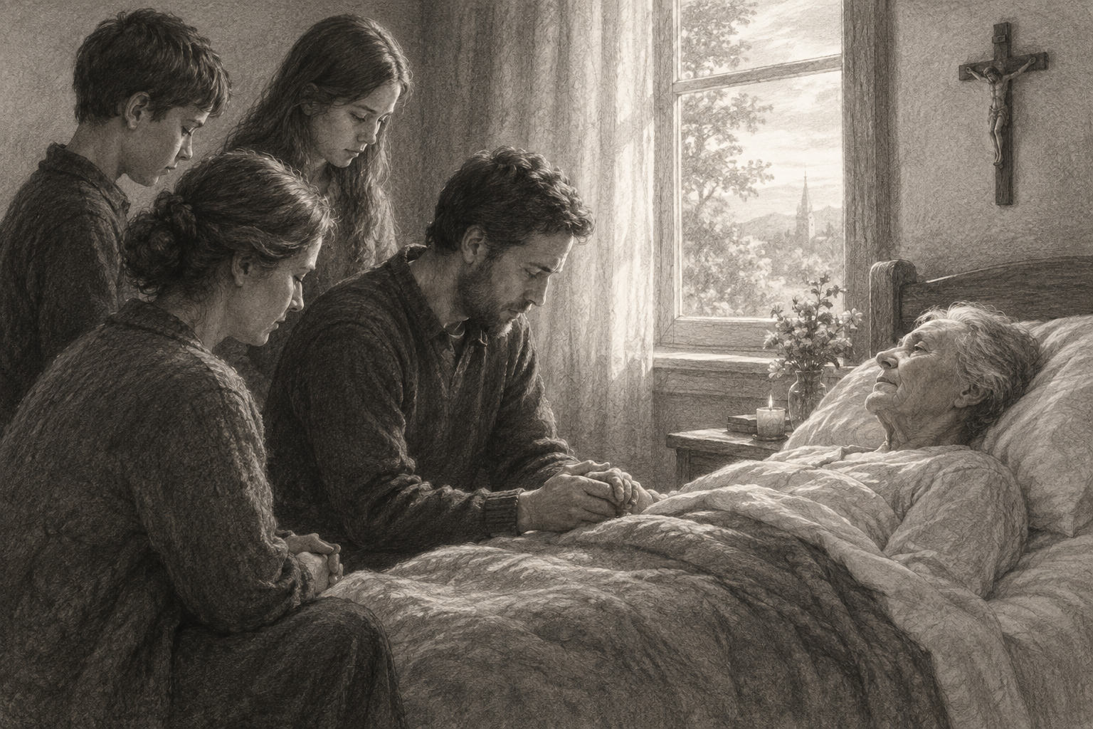 A reverent sketch of a Catholic family keeping vigil beside a suffering loved one beneath a crucifix.
