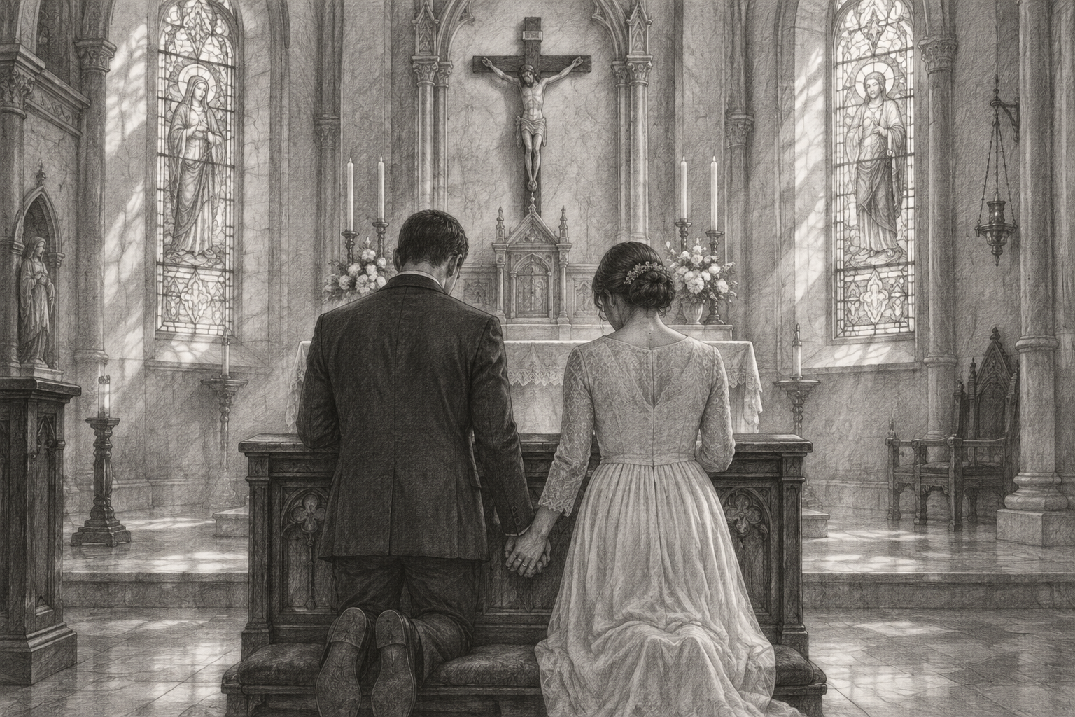 Sketch of a Catholic married couple praying together before a crucifix in a quiet church.