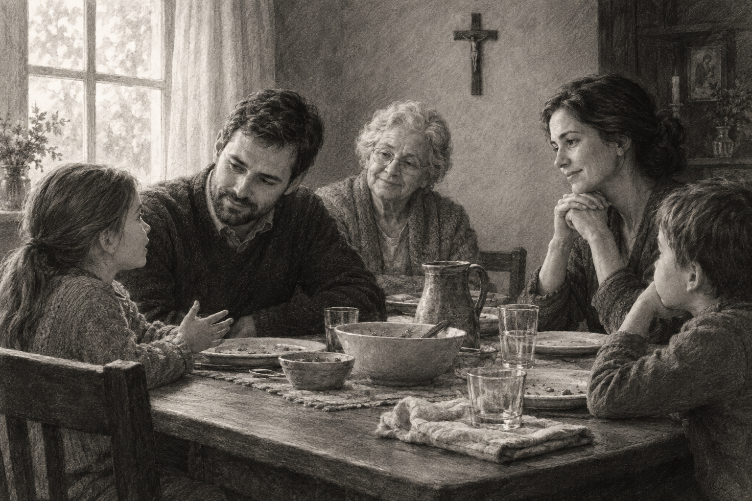 Sketch of a multigenerational Catholic family sharing attentive conversation around a table beneath a crucifix.