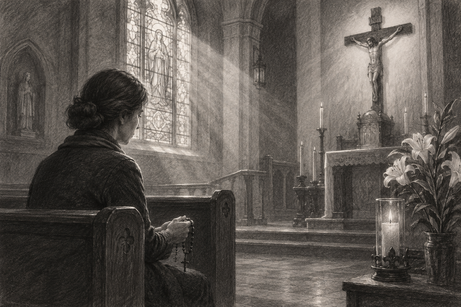 A grieving person holding a rosary in a quiet Catholic church as light falls near a crucifix.