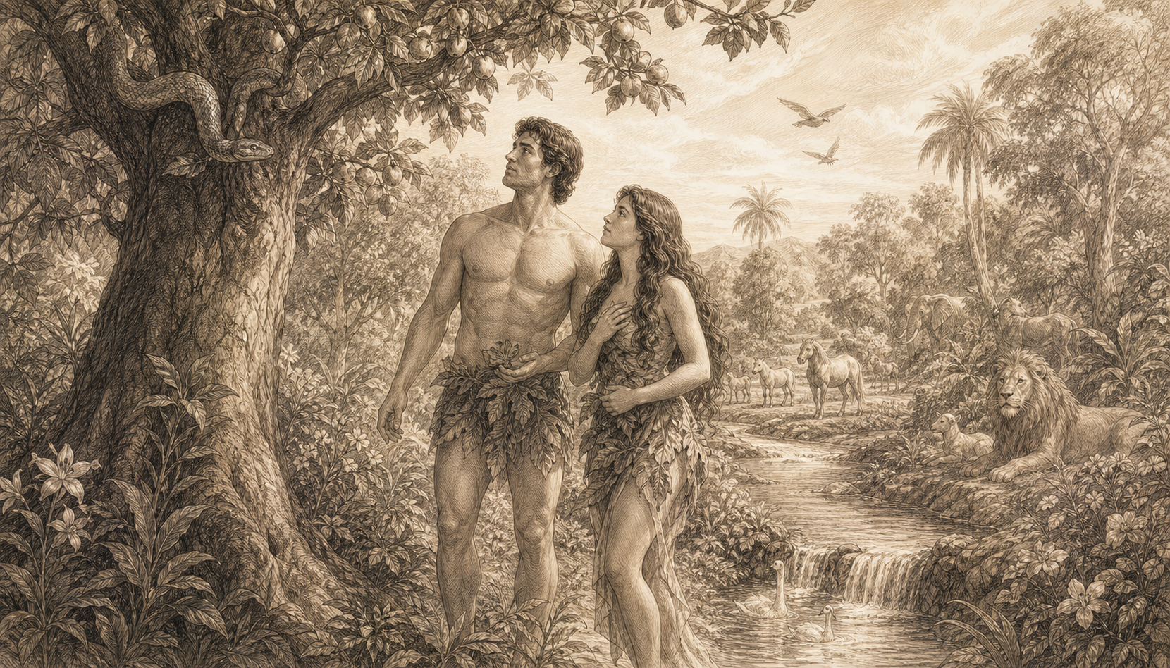 A hand-drawn biblical scene of Adam and Eve in the Garden of Eden near the tree.