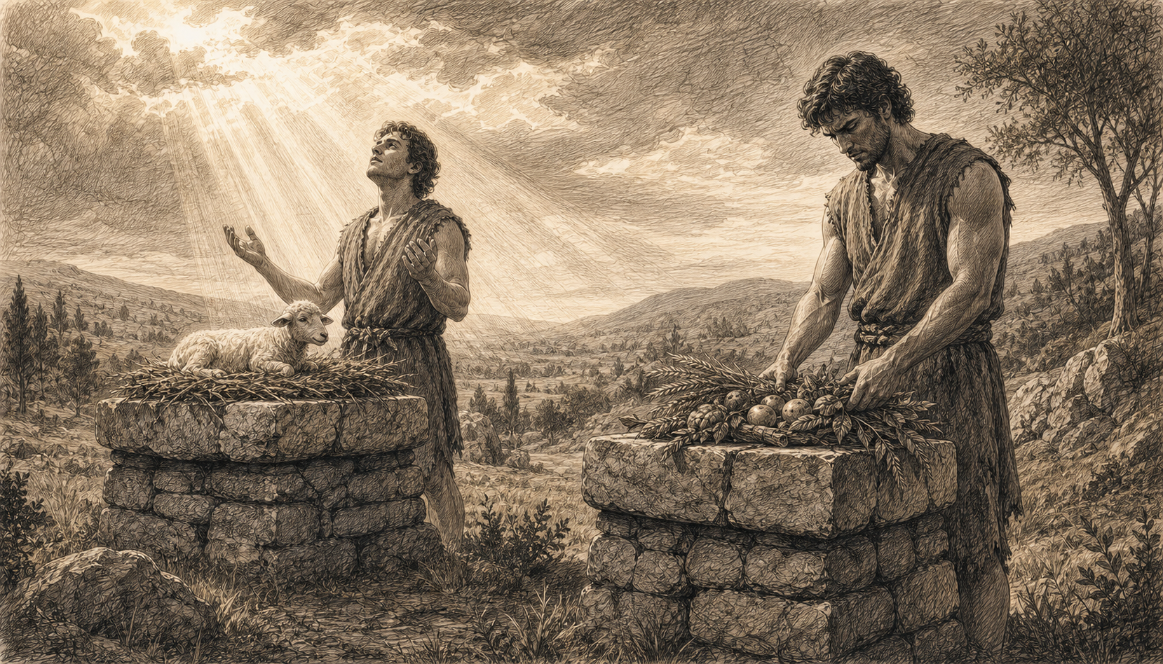 A biblical sketch of Cain and Abel presenting their offerings before the Lord in an open field.
