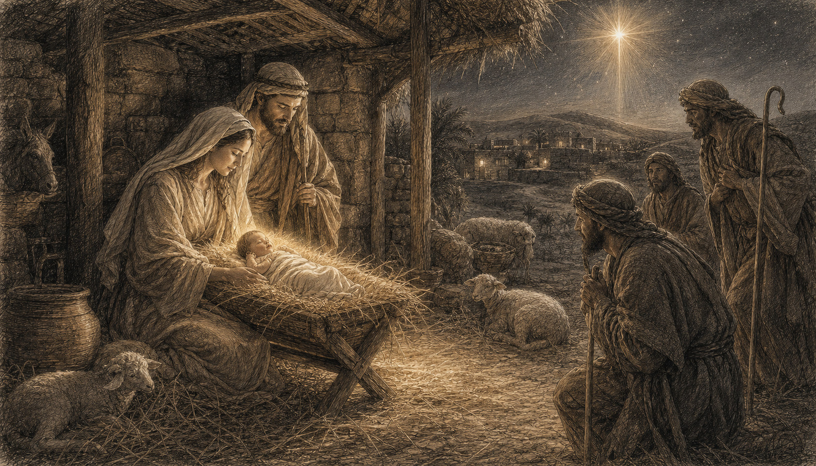 A sacred sketch of the Nativity with Mary, Joseph, the infant Jesus, and shepherds beneath the star.