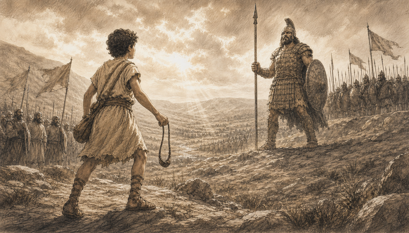 A sketch illustration of David facing Goliath across the valley with a sling in his hand.