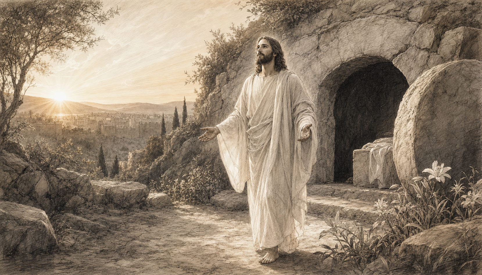 A reverent sketch illustration of the risen Jesus standing near the empty tomb at dawn.