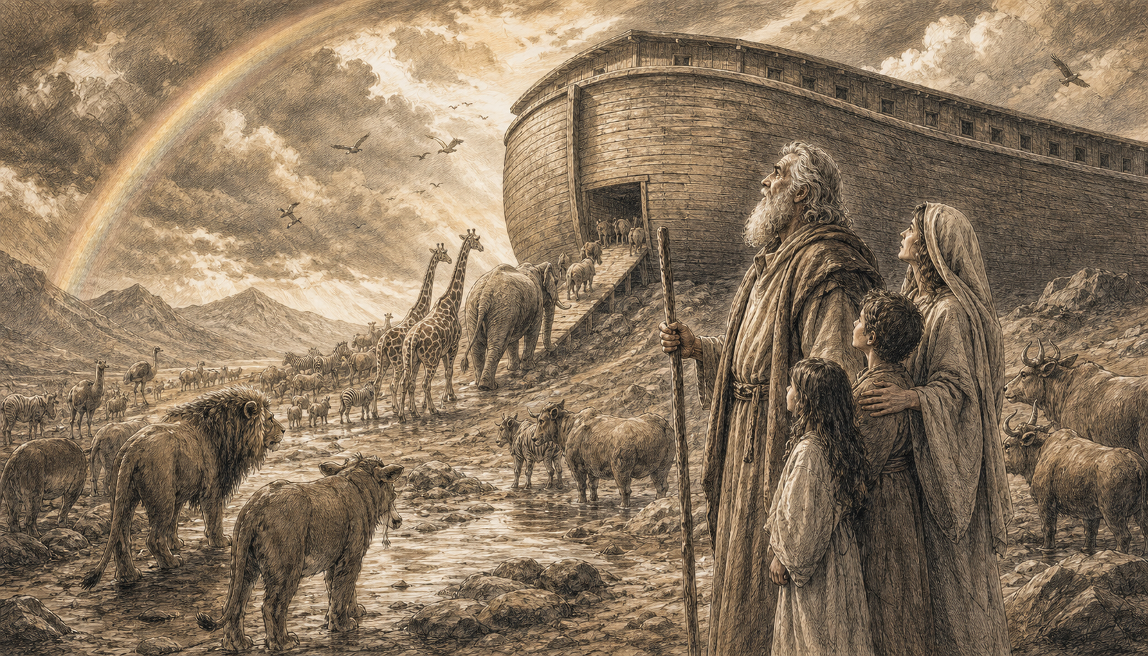 A biblical sketch of Noah near the ark while animals approach in pairs beneath the sky.