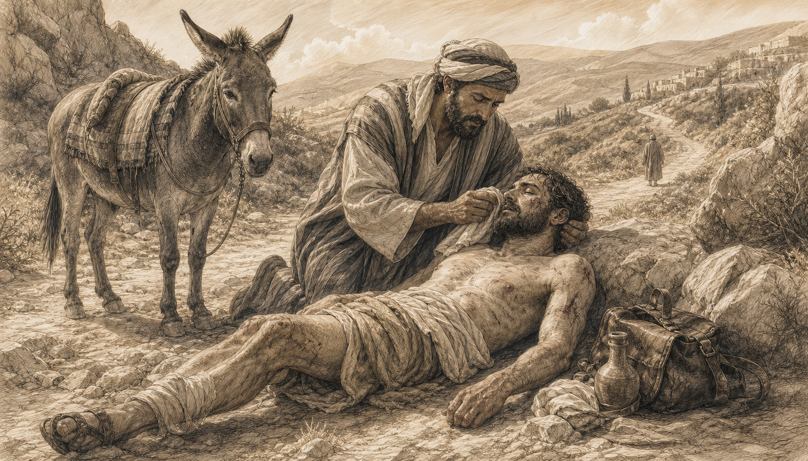 A reverent sketch of the Good Samaritan tending the wounds of the traveler on the roadside.