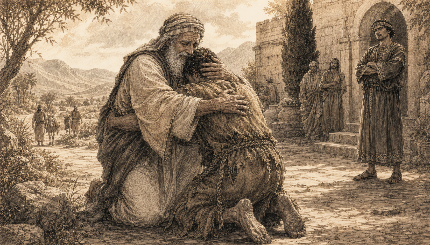 A warm sketch of the father embracing the returning prodigal son outside the family estate.